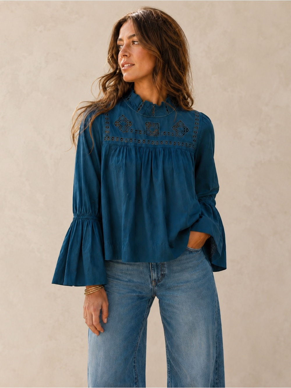 Free People Teal Blue Cutwork Lace Bell Sleeve Blouse NWOT Medium
